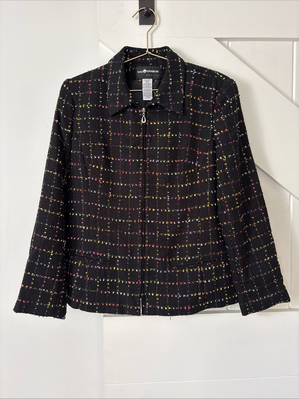 Vintage Sag Harbor Black Tweed Zip Up Jacket Multicolor Confetti Plaid Pattern